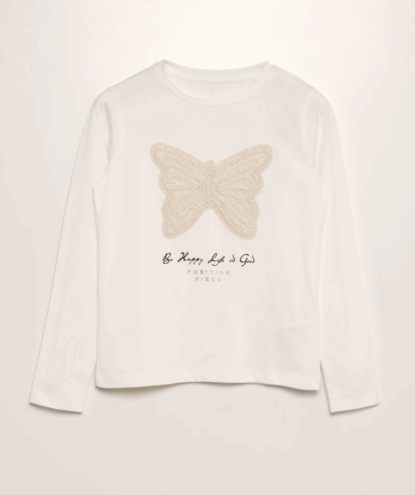 Kız Çocuk Kelebek Nakışlı İnce Uzun Kollu T-Shirt