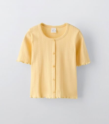 Kız Çocuk Düğme Detaylı Triko T-Shirt