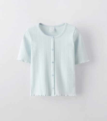 Kız Çocuk Düğme Detaylı Triko T-Shirt