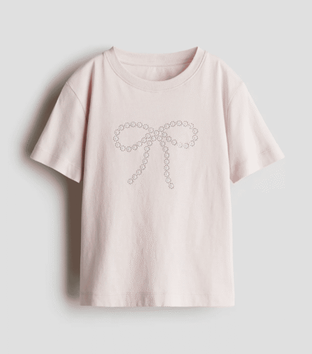 Kız Çocuk Taşlı Fiyonk Desenli T-Shirt