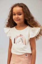 Kız Çocuk İşlemeli Gökkuşağı T-Shirt - Görsel 4