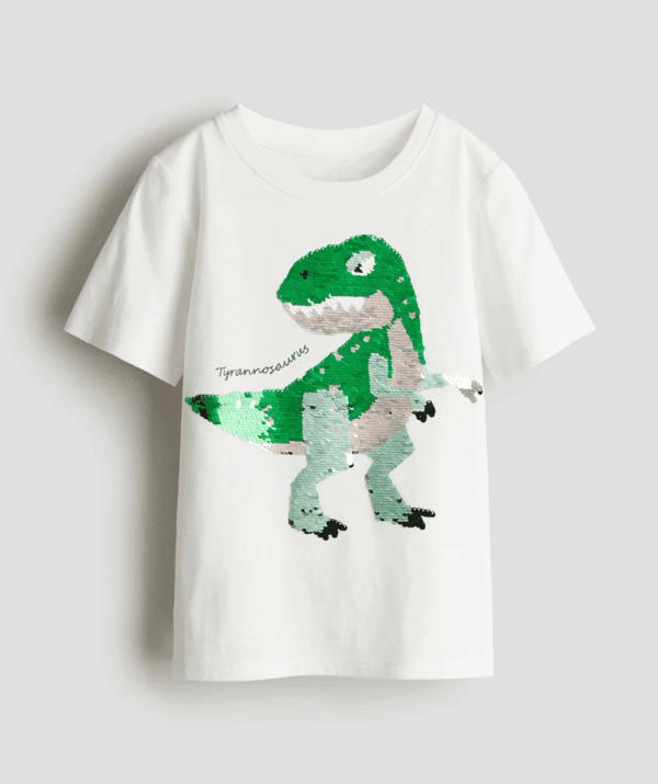 Erkek Çocuk Dinozor Desenli Çift Yönlü Pullu T-Shirt