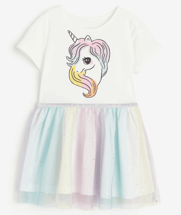 Kız Çocuk Unicorn Baskılı Tüllü Elbise