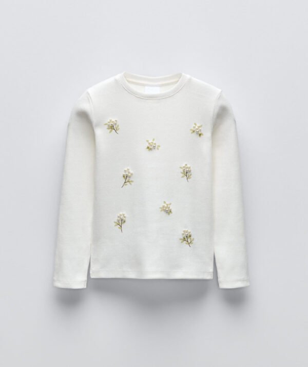 Kız Çocuk Çiçek Boncuk Detaylı T-Shirt