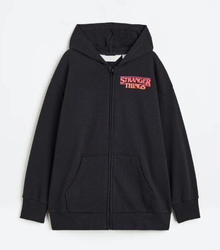Kız Çocuk Kapüşonlu Hırka Stranger Things Baskılı Siyah