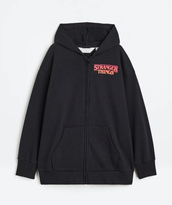 Kız Çocuk Kapüşonlu Hırka Stranger Things Baskılı Siyah