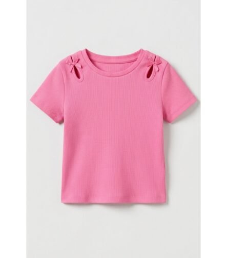 kız çocuk fiyonklu fitilli t-shirt pembe ZEYDER2110