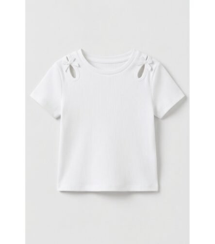 kız çocuk fiyonklu fitilli t-shirt beyaz ZEYDER2113