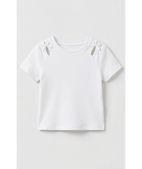 kız çocuk fiyonklu fitilli t-shirt beyaz ZEYDER2113