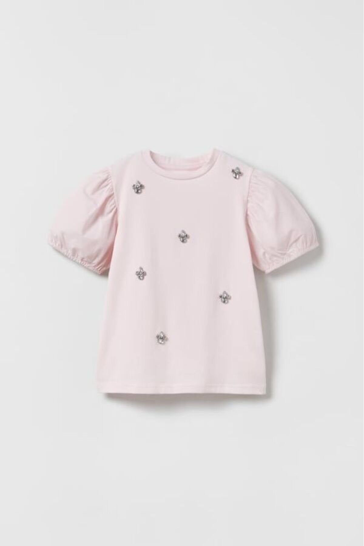kız çocuk taş işlemeli balon kol t-shirt pembe ZEYDER2117