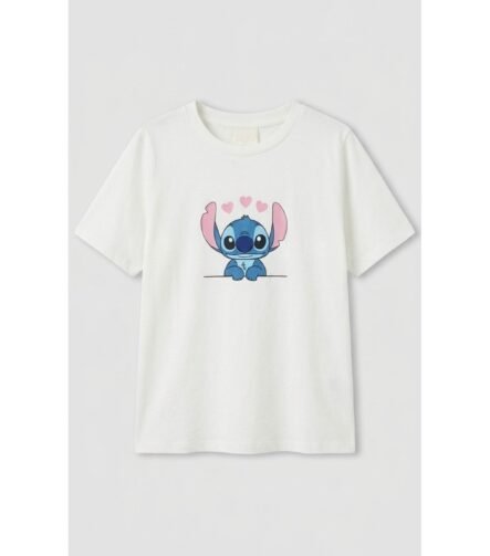 kız çocuk tişört stitch baskılı beyaz pembe 6-14 yaş