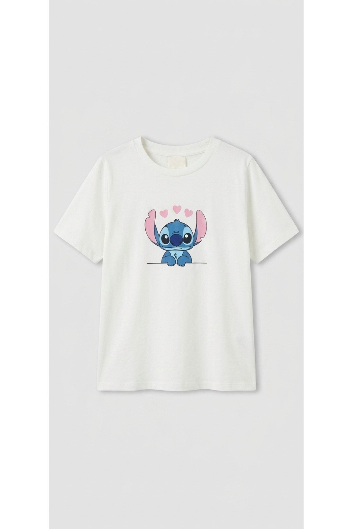 kız çocuk tişört stitch baskılı beyaz pembe 6-14 yaş
