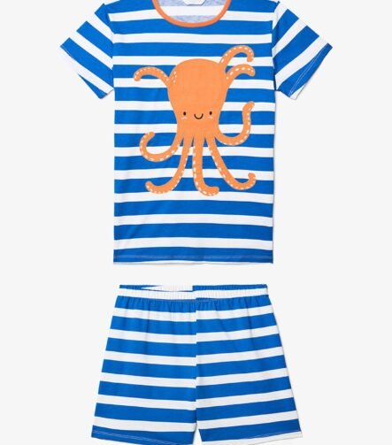 erkek çocuk çizgili ahtapot desenli pijama takımı lacivert şortlu ZEYDER2187