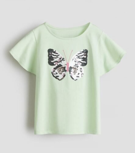 kız çocuk kelebek desenli pullu t-shirt yeşil ZEYDER2165