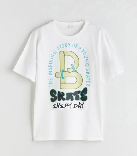 erkek çocuk baskılı t-shirt beyaz kaykay desenli ZEYDER2193